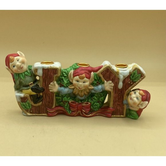 Robel Hall Ceramic JOY Christmas 3 Elves Pixies Candle Holder Vintage - Picture 3 of 10